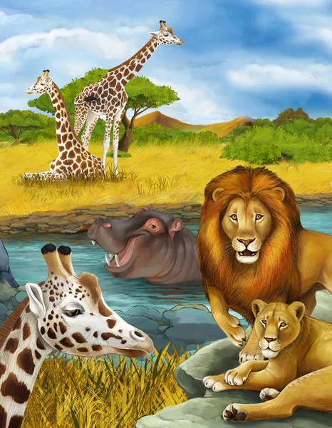 Cartoon scene with giraffe and hippopotamus hippo near river and — Stockfoto