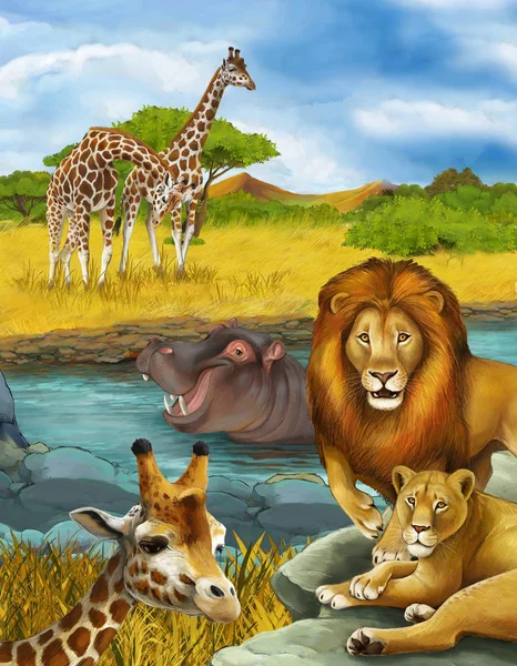 与长颈鹿和河马在河畔嬉戏的卡通片 — 图库照片