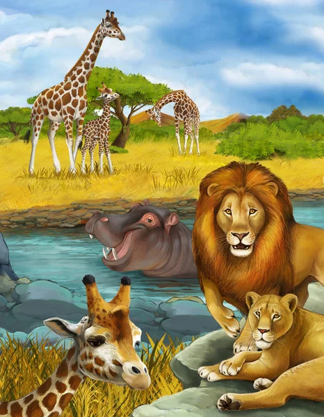 Cartoon scene with giraffe and hippopotamus hippo near river and — Stock Photo, Image