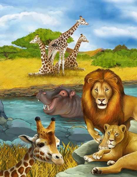 Scena kreskówek z żyrafą i hipopotamem hipopotamem w pobliżu rzeki i — Zdjęcie stockowe