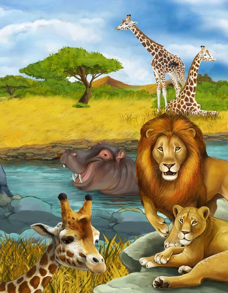 Cartoon scene with giraffe and hippopotamus hippo near river and — Stockfoto