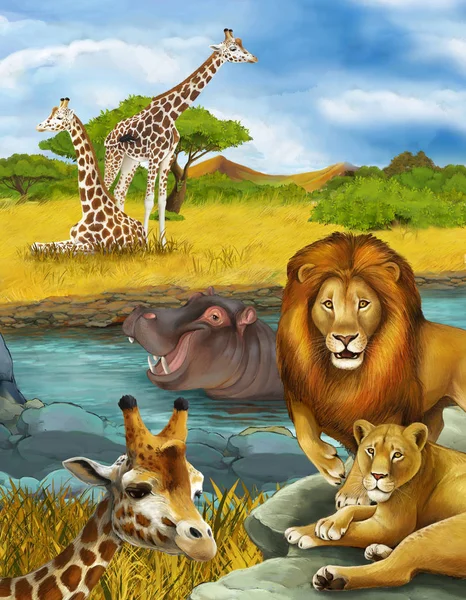 Nehir kenarında zürafa ve hipopotam olan bir karikatür sahnesi. — Stok fotoğraf