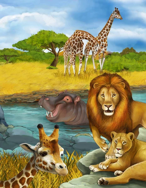 Cartoon scene with giraffe and hippopotamus hippo near river and — Stockfoto