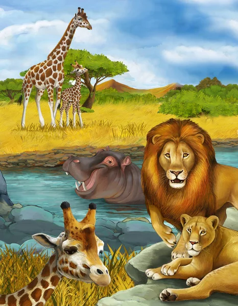 Cartoon scene with giraffe and hippopotamus hippo near river and — Stockfoto