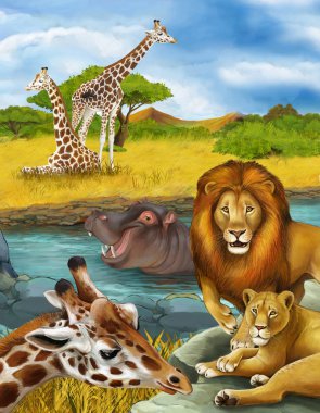 Nehir kenarında zürafa ve hipopotam olan bir karikatür sahnesi.