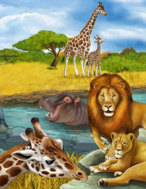 Nehir kenarında zürafa ve hipopotam olan bir karikatür sahnesi.