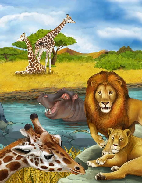 Scena del fumetto con giraffa e ippopotamo ippopotamo vicino al fiume e — Foto Stock