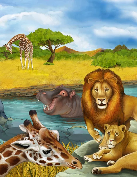 Cartoon-Szene mit Giraffe und Nilpferd in Flussnähe und — Stockfoto