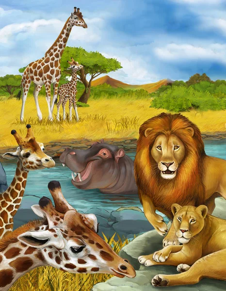 Cartoon scene with giraffe and hippopotamus hippo near river and — 스톡 사진