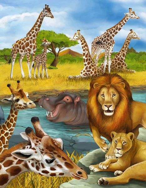 cartoon scene with giraffe and hippopotamus hippo near river and