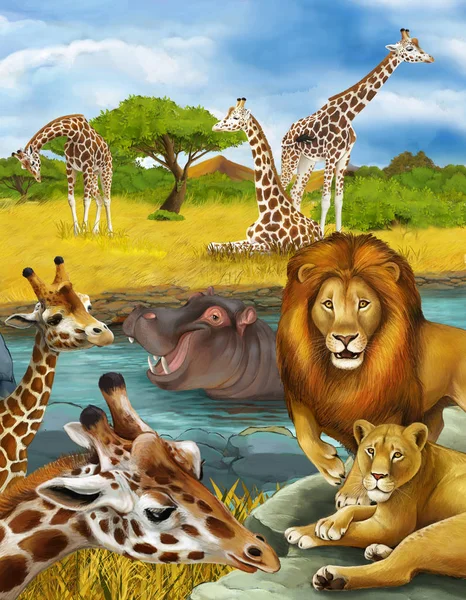 Cartoon scene with giraffe and hippopotamus hippo near river and — 스톡 사진