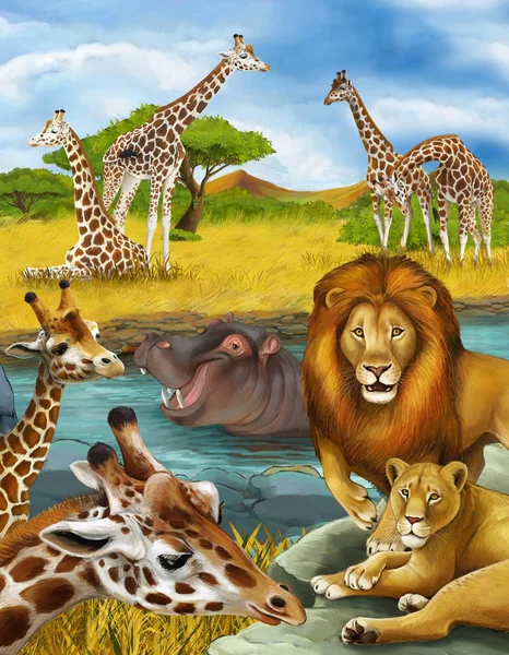 Escena de dibujos animados con jirafa e hipopótamo hipopótamo cerca del río y — Foto de Stock