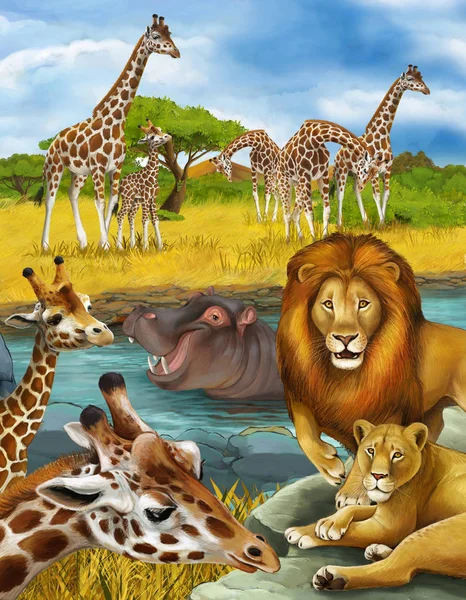 Escena de dibujos animados con jirafa e hipopótamo hipopótamo cerca del río y — Foto de Stock