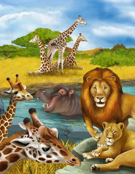 Cartoon scene with giraffe and hippopotamus hippo near river and — Stock Photo, Image