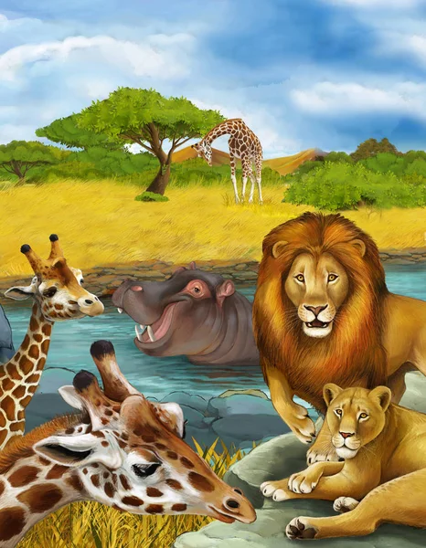 Cartoon scene with giraffe and hippopotamus hippo near river and — Stockfoto