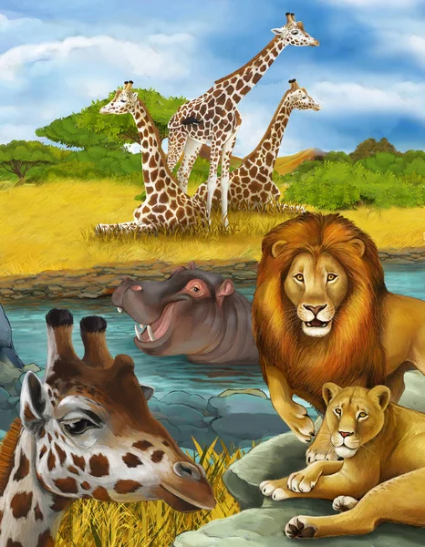 Мультяшная сцена с жирафом и гиппопотамом бегемотом возле реки и — стоковое фото
