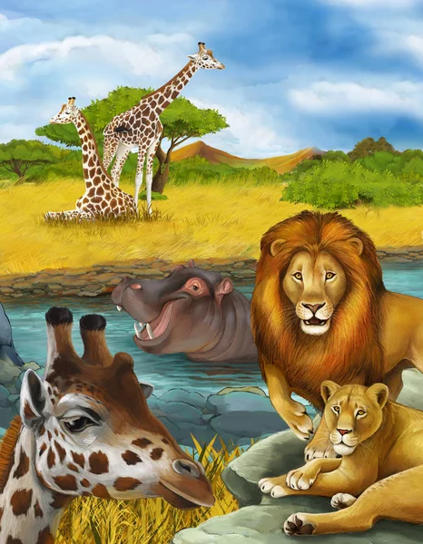 Cena dos desenhos animados com girafa e hipopótamo hipopótamo perto do rio e — Fotografia de Stock