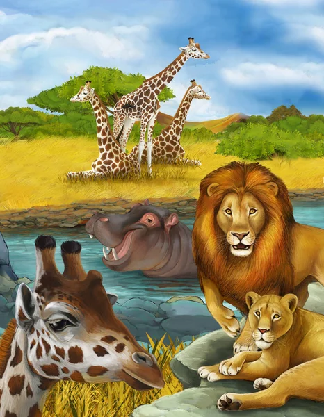 Cartoon scene with giraffe and hippopotamus hippo near river and — Stock Photo, Image