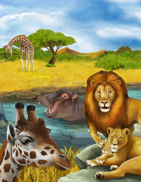 cartoon scene with giraffe and hippopotamus hippo near river and