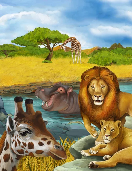 Cartoon-Szene mit Giraffe und Nilpferd in Flussnähe und — Stockfoto