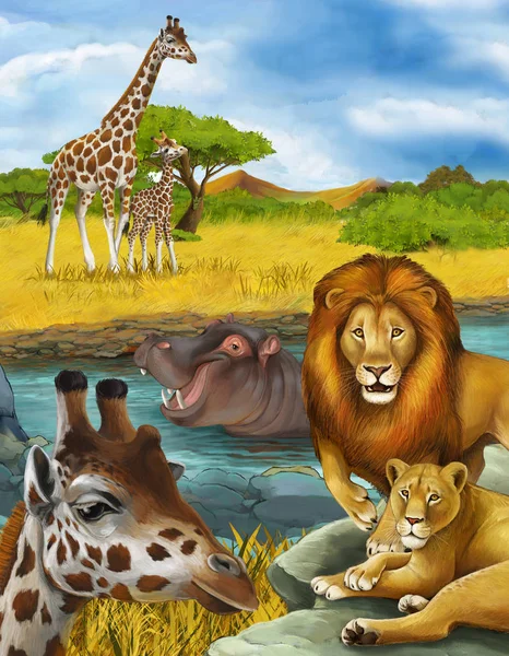 Scena kreskówek z żyrafą i hipopotamem hipopotamem w pobliżu rzeki i — Zdjęcie stockowe