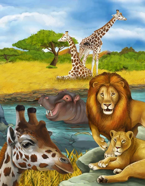 Cartoon scene with giraffe and hippopotamus hippo near river and — Stockfoto