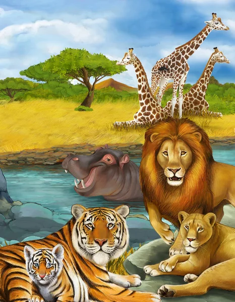 Cartoon scene with antelope and hippopotamus hippo near river an — Stock Photo, Image