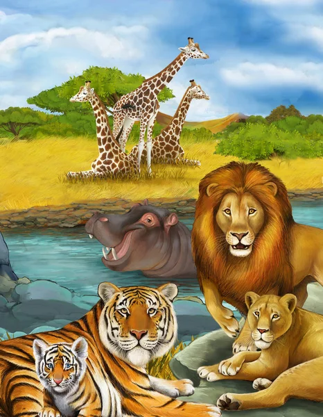 Cena dos desenhos animados com antílope e hipopótamo hipopótamo perto do rio e — Fotografia de Stock