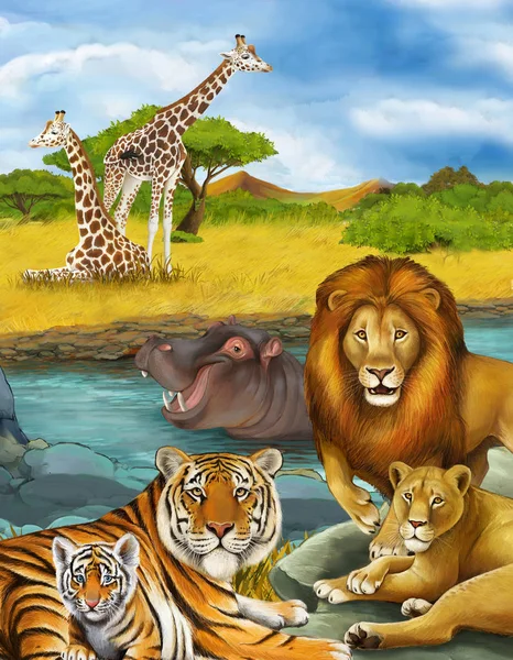 cartoon scene with antelope and hippopotamus hippo near river an