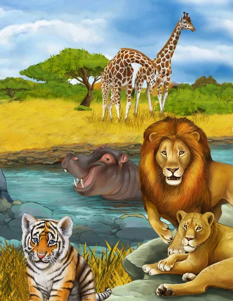 Cartoon scene with elephant and hippopotamus hippo near river an — Stock Photo, Image