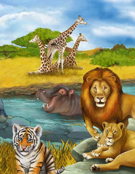 Escena de dibujos animados con elefante e hipopótamo hipopótamo cerca del río un — Foto de Stock