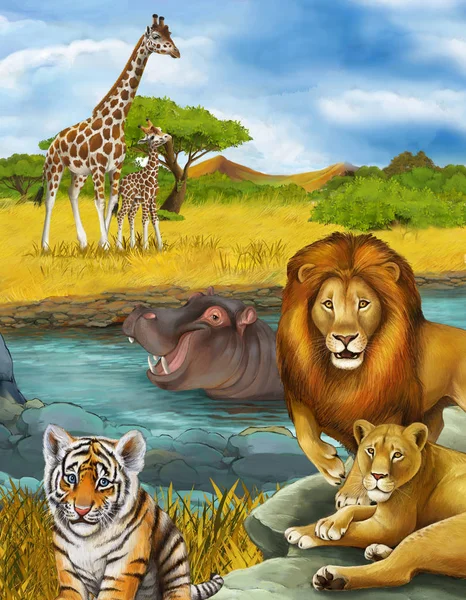 Cena dos desenhos animados com elefante e hipopótamo hipopótamo perto do rio e — Fotografia de Stock