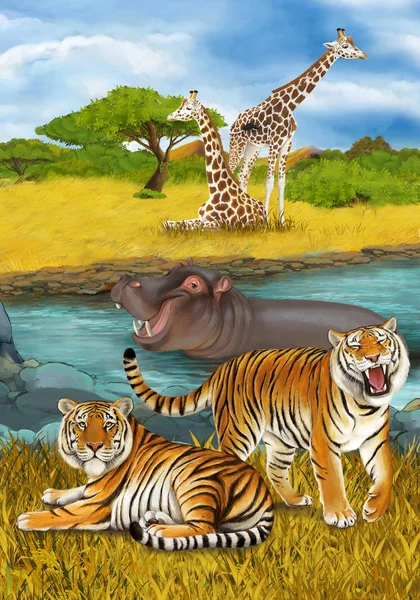 Мультфильм сцена с гиппопотамом бегемот плавание в реке рядом с — стоковое фото