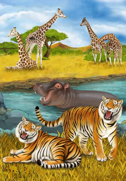 Zeichentrickszene mit Nilpferd, das im Fluss nahe der Wiese schwimmt, und Giraffen — Stockfoto