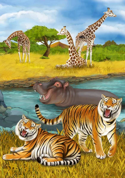 Escena de dibujos animados con hipopótamo hipopótamo nadando en el río cerca de la —  Fotos de Stock