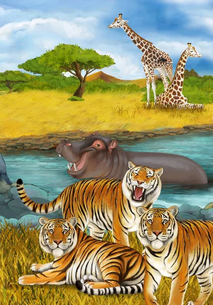 Kreskówka scena z hipopotama hipopotama pływanie w rzece w pobliżu — Zdjęcie stockowe