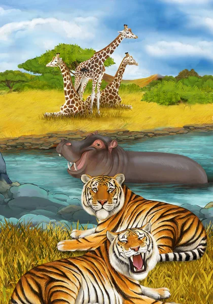 Cartoon scene with hippopotamus hippo swimming in river near the — Stock Photo, Image