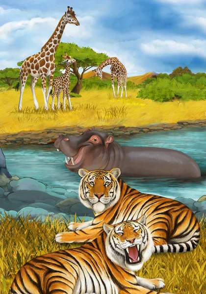 Escena de dibujos animados con hipopótamo hipopótamo nadando en el río cerca de la —  Fotos de Stock