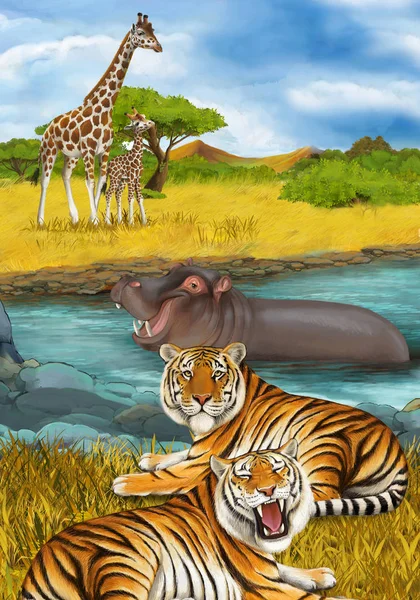 Cena dos desenhos animados com hipopótamo hipopótamo nadando no rio perto do — Fotografia de Stock
