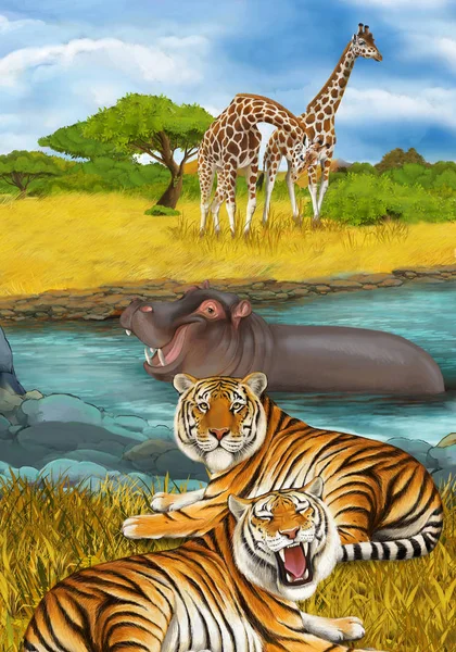 Kreskówka scena z hipopotama hipopotama pływanie w rzece w pobliżu — Zdjęcie stockowe