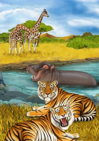 Cartoon scene with hippopotamus hippo swimming in river near the — Stock Photo, Image