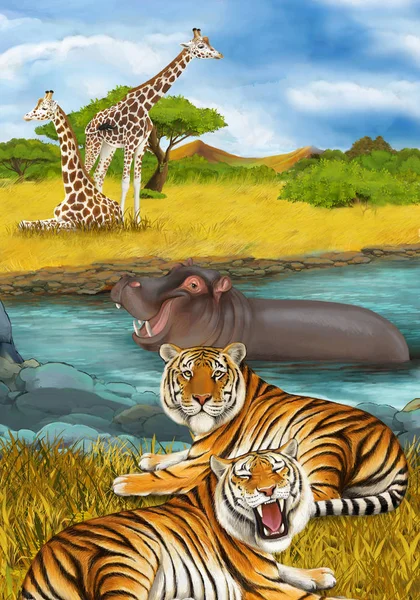 Nehirde yüzen hipopotamların olduğu bir çizgi film sahnesi. — Stok fotoğraf