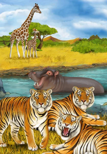 Cena dos desenhos animados com hipopótamo hipopótamo nadando no rio perto do — Fotografia de Stock