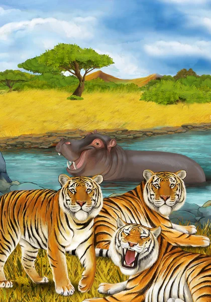 Cartoon scene with hippopotamus hippo swimming in river near the — Stock Photo, Image