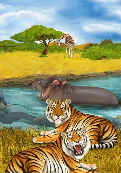 Tecknad scen med flodhäst flodhäst simning i floden nära — Stockfoto