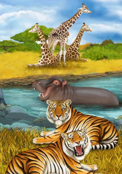 Scena del fumetto con ippopotamo ippopotamo nuotare nel fiume vicino al — Foto Stock