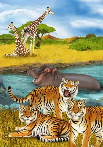 Cartoon-Szene mit Nilpferd beim Schwimmen im Fluss in der Nähe der — Stockfoto