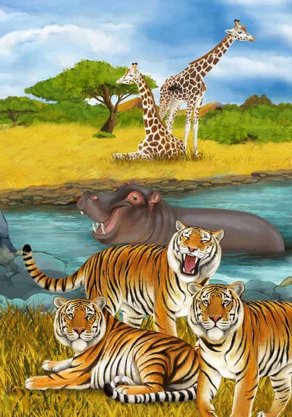 Scena del fumetto con ippopotamo ippopotamo nuotare nel fiume vicino al — Foto Stock