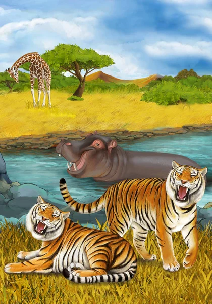 Escena de dibujos animados con hipopótamo hipopótamo nadando en el río cerca de la — Foto de Stock