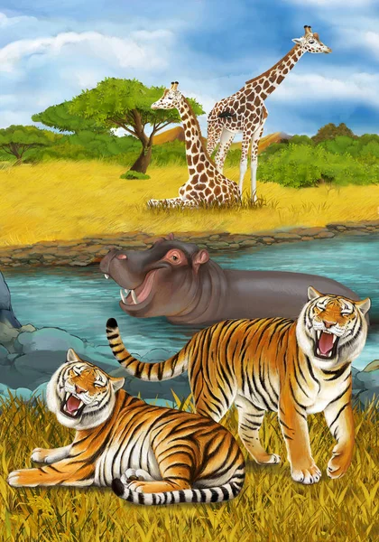 Cartoon-Szene mit Nilpferd beim Schwimmen im Fluss in der Nähe der — Stockfoto